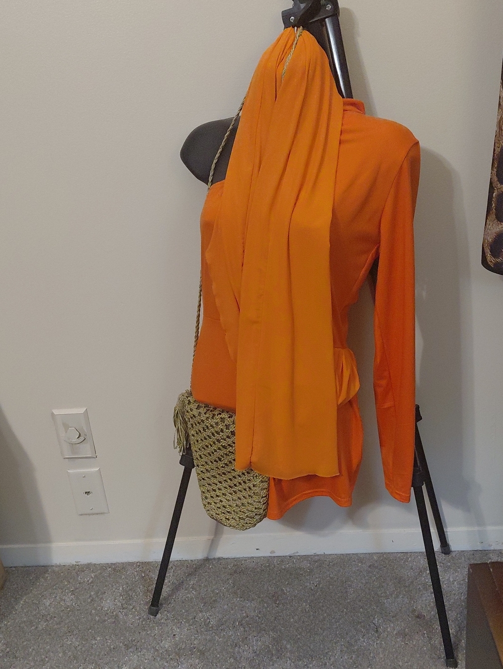 Women's Orange Long-Sleeve Top with Attached Draped Scarf